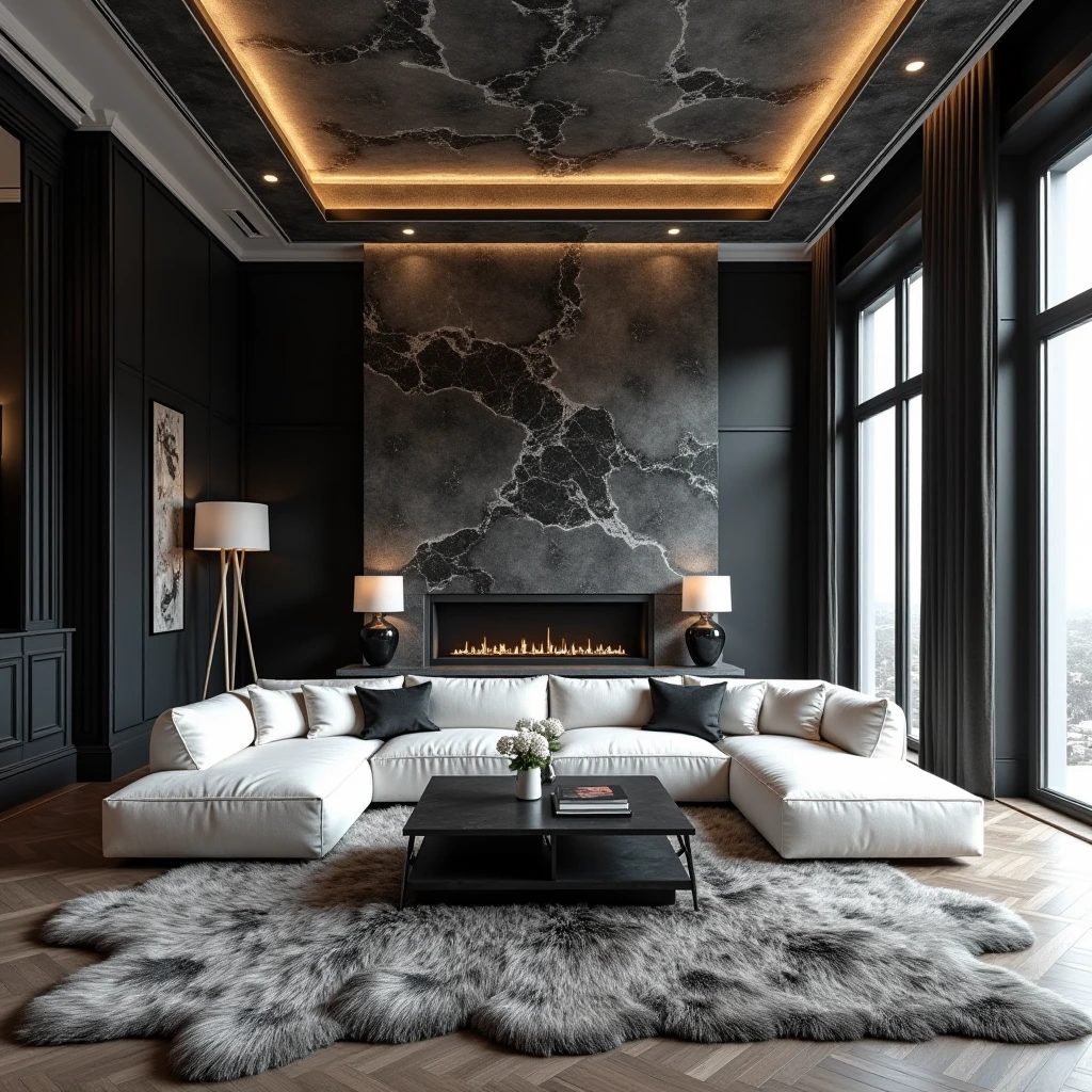 Interior, fractal-striped black and white luxurious living room with obsidian and sheepskin