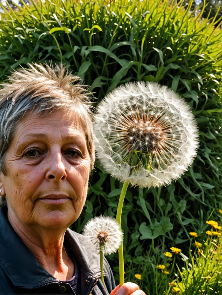 tiny woman standing under a giant dandelion