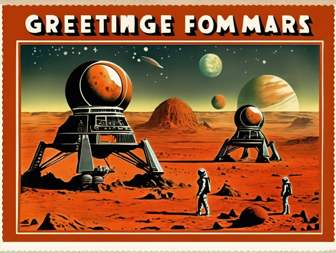 Postcard with text "Greetings from Mars", vintage postcard style,