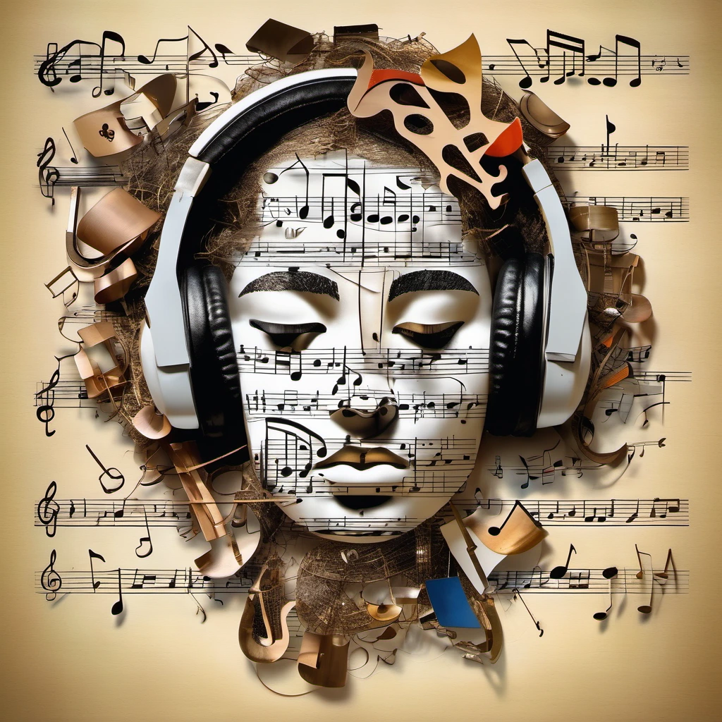 Create a womans face, pieced together from broken musical instruments and music notes