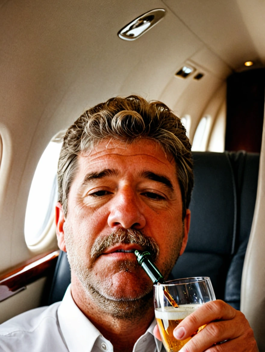 man drinking champagne on a private jet