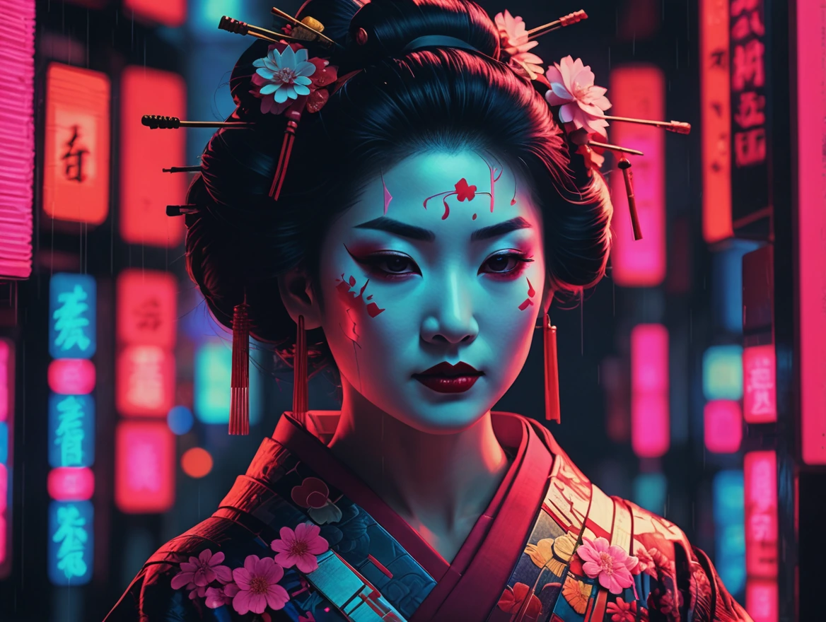 Geisha in the style of datamoshing , VHS glitch,highly detailed ,crimson neon light,artifact effects