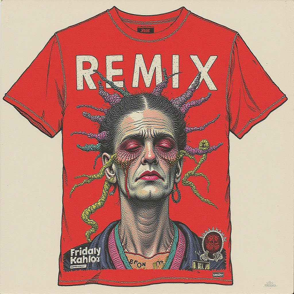 A wild proliferation of styles Friday Kahlo displayed under the word "REMIX". Red tshirt design