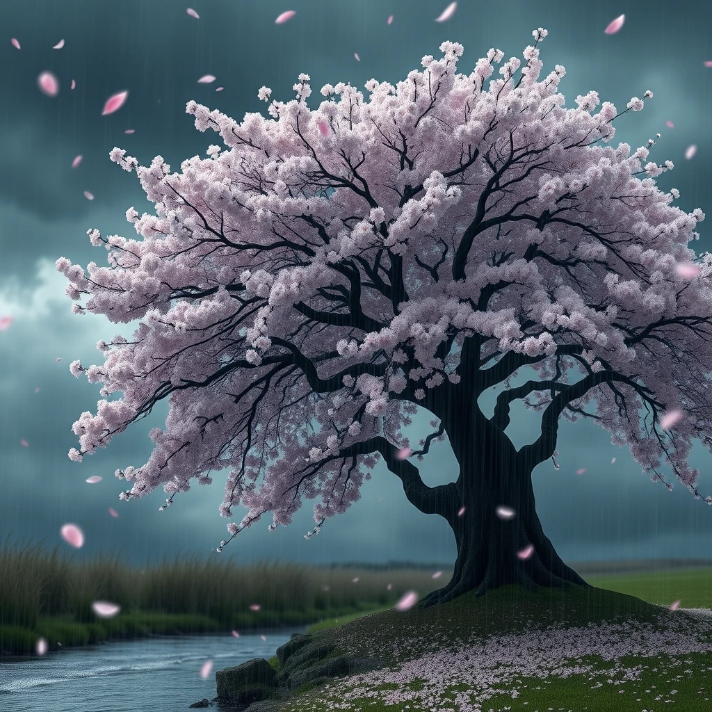 Generate a high-resolution, photorealistic image of a beautiful cherry tree in full bloom by a stream in a rainstorm, petals floating and covering the surrounding ground. The windswept canopy against the stormy sky shapes an illusion of a haunting visage, a demonic skull described by shifting light on the blossoms as the branches are blown by strong swirling winds.
, hyper-detailed, night, rendered in 8k resolution.