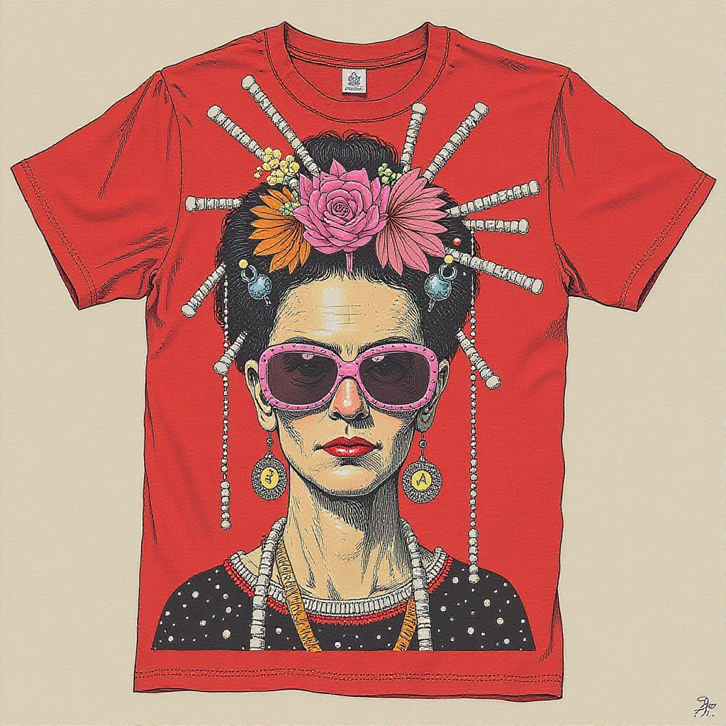 A wild proliferation of styles Friday Kahlo displayed under the word "REMIX". Red tshirt design