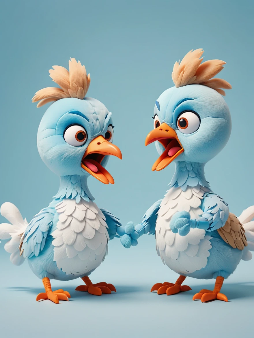 two ckickens in dispute, Plush doll art, Light blue background, Soft colors, 3D characters, minimalist, cartoonish