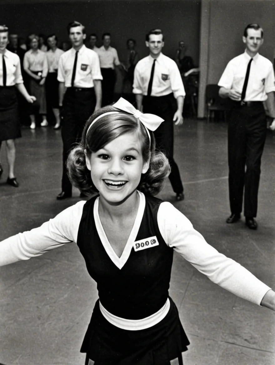 A female doo-wop cheerleader from the 1950s