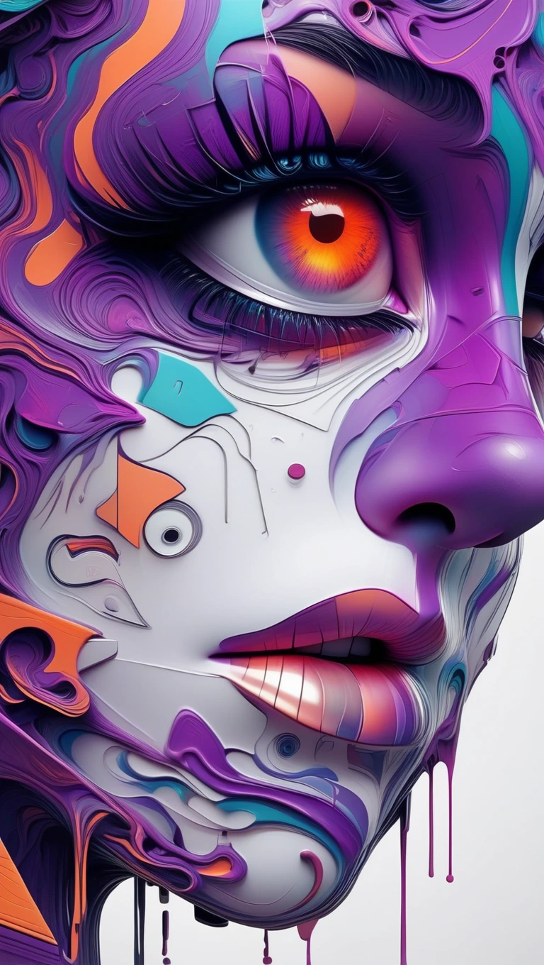 A surreal digital illustration of a stylized human face made up of abstract, fluid shapes, with a combination of smooth, flowing lines and sharp geometric edges. The left side of the face is formed by a mix of colorful, swirling liquid shapes in shades of purple, teal, and black, wet dripping down, while the right side features a more rigid cybernetic, white, sculpted form with digital and mechanical features. The lips are bright red and glossy, positioned centrally, creating a striking focal point. The background is an eerie prison cell red graffiti that transitions from warm yellow-orange at the center to a darker shade at the edges, giving a glowing effect behind the abstract face. The overall style is futuristic and artistic, with a strong emphasis on contrast and symmetry.