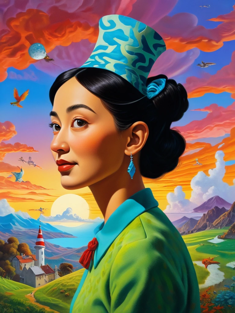 An ultra-detailed, textured oil painting by Gaugin, featuring a beautiful Asian woman, with lush, deeply colored incandescent hues of the dawn sky. Ornate style of Dr. Seuss, showcases a futuristic, meticulous surrealism creation with hexagonal tessellation, Voronoi Diagrams, and the Doppler effect. Utilizing the cutting-edge Octane Render technology, this artwork masterfully blends a whimsical scene inspired by Jakub Rozalski and Dr. Seuss, with elements of Salvador Dalí and Pablo Picasso.