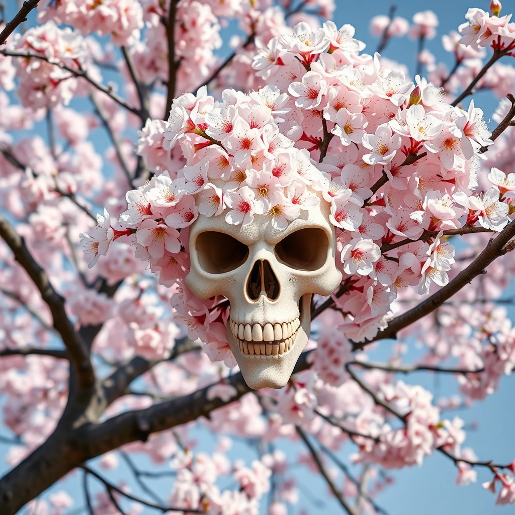 Generate a high-resolution, photorealistic image of a beautiful cherry tree in full bloom.
The illusion of demonic skull appears to be forming in the arrangement of the windswept blossoms
, rendered in 8k resolution.