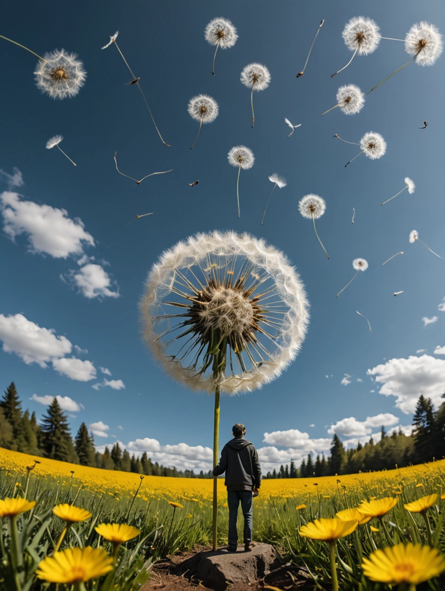 tiny man standing under a giant dandelion