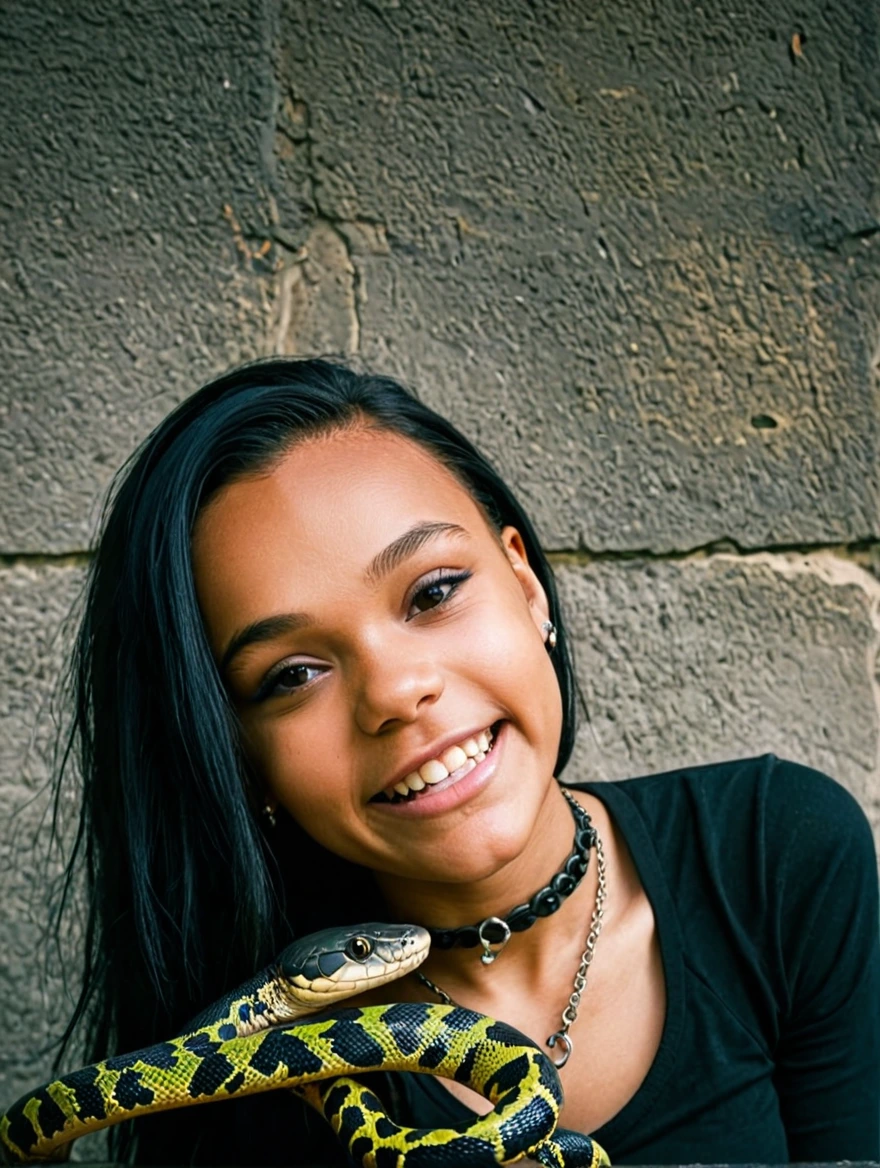 A female goth with piercings and a pet snake