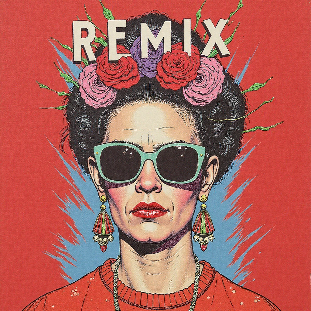 A wild proliferation of styles Friday Kahlo displayed under the word "REMIX". Red tshirt design