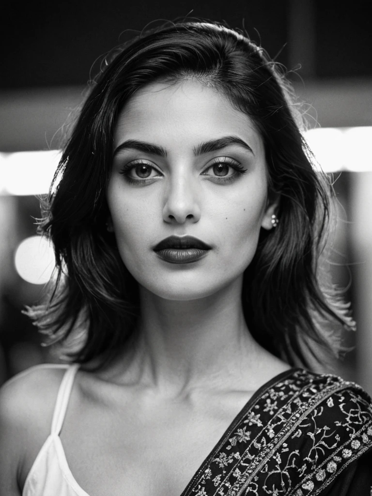 A monochrome headshot resembling high ISO 35mm black and white film, emulating pushed Kodak Tri-X 400. The subject: a pretty arabic woman with high cheekbones, with a top heavy undercut, red lips and emerald green eyes. Mimic a classic 35mm camera setup, ISO 1600, with a 50mm lens at f/2.8 for a shallow depth of field and soft background. Use high-contrast lighting from a single softbox at a 45-degree angle for deep shadows and highlights, enhancing texture and depth, pronounced grain, focusing on facial details lifestyle photography, candid, realistic, epic realism