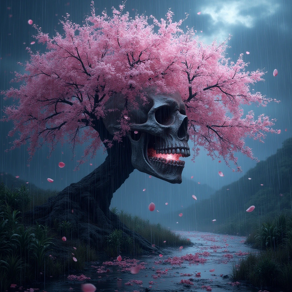 Generate a high-resolution, photorealistic image of a beautiful cherry tree in full bloom by a stream in a rainstorm, petals floating and covering the surrounding ground. The windswept canopy against the stormy sky shapes an illusion of a haunting visage, a demonic skull described by shifting light on the blossoms as the branches are blown by strong swirling winds.
, hyper-detailed, night, rendered in 8k resolution.