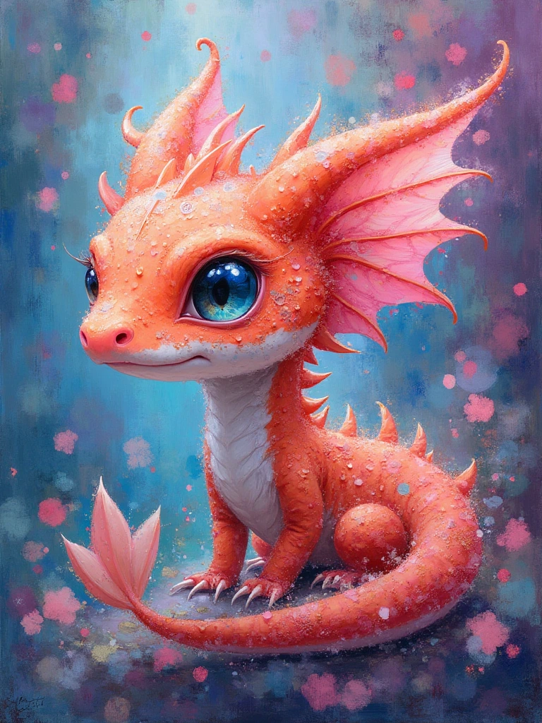 Create a close-up of an adorable chibi salamander dragon with a mesmerizing blend of pastel alcohol ink and acrylic glitter paint, painting inspired by the whimsical styles of Michael Cheval, Luis Royo, and Mucha reminiscent mashup of Nordic and Scandinavian art styles. Vibrant colors blend in intricate swirls, creating a dreamy, ethereal background reminiscent of a mystical Candyland. Subtle grunge elements add a touch of dark charm, while hints of a benevolence whimsical appearance float through the composition. The distinctive styles of each artist intertwine, inviting viewers into an enchanting, otherworldly realm of artistic wonder.