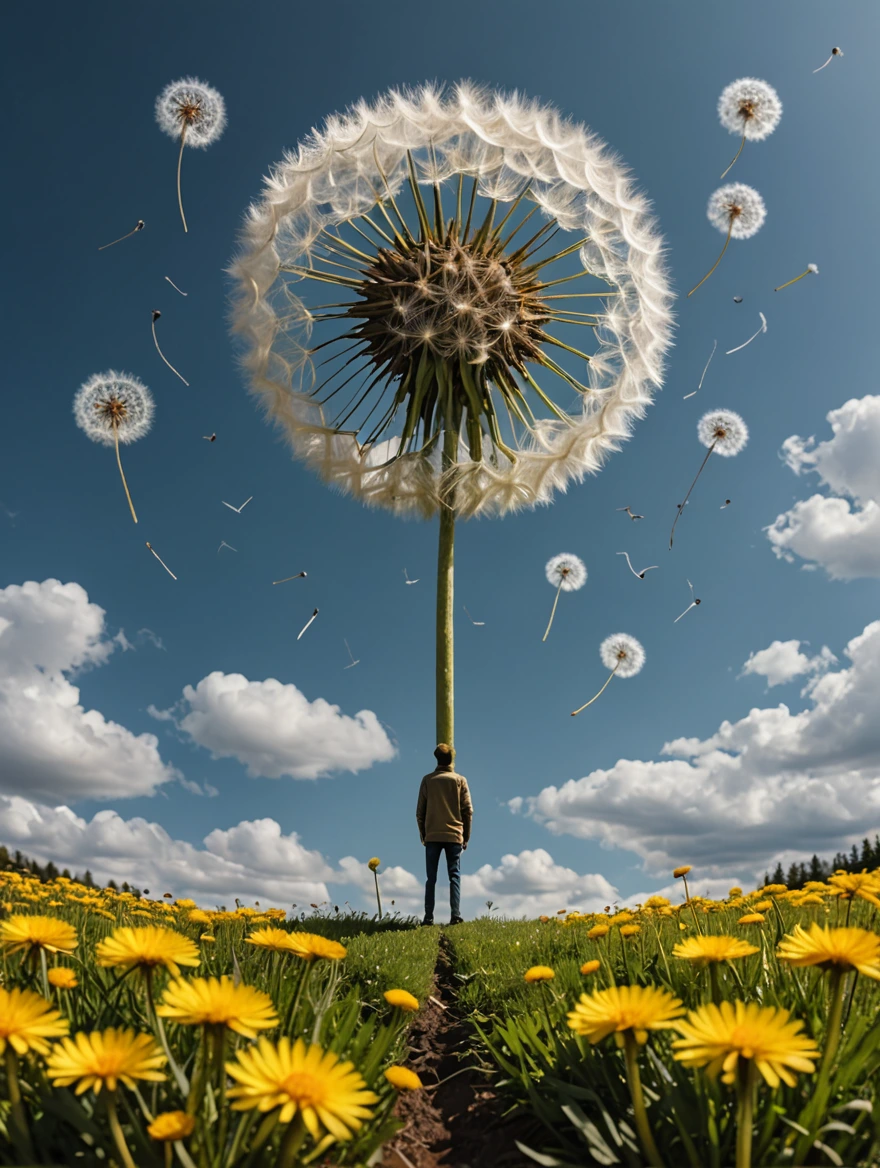 tiny man standing under a giant dandelion