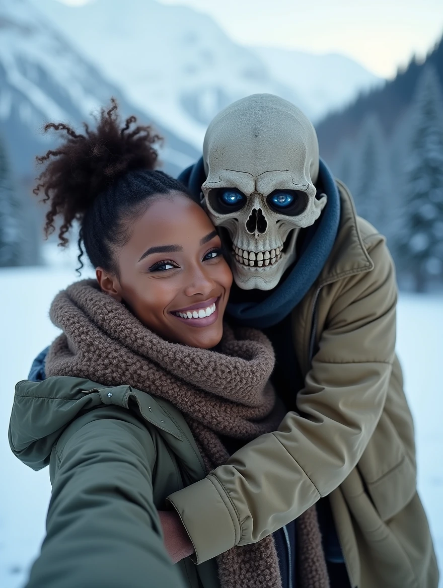 A beautiful african American woman posing elegantly for a selfie, unexpectedly embraced from behind by an old undead who was once her father with sparkling blue eyes inducing a sense of sadness They both smile warmly, capturing a moment of unlikely connection and joy in a serene snowy mountain setting. High resolution, soft natural lighting, enchanting atmosphere.