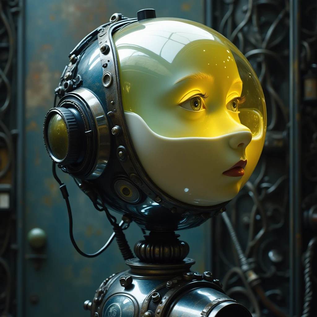 The biorobot stands against a metal black wall. Ha…