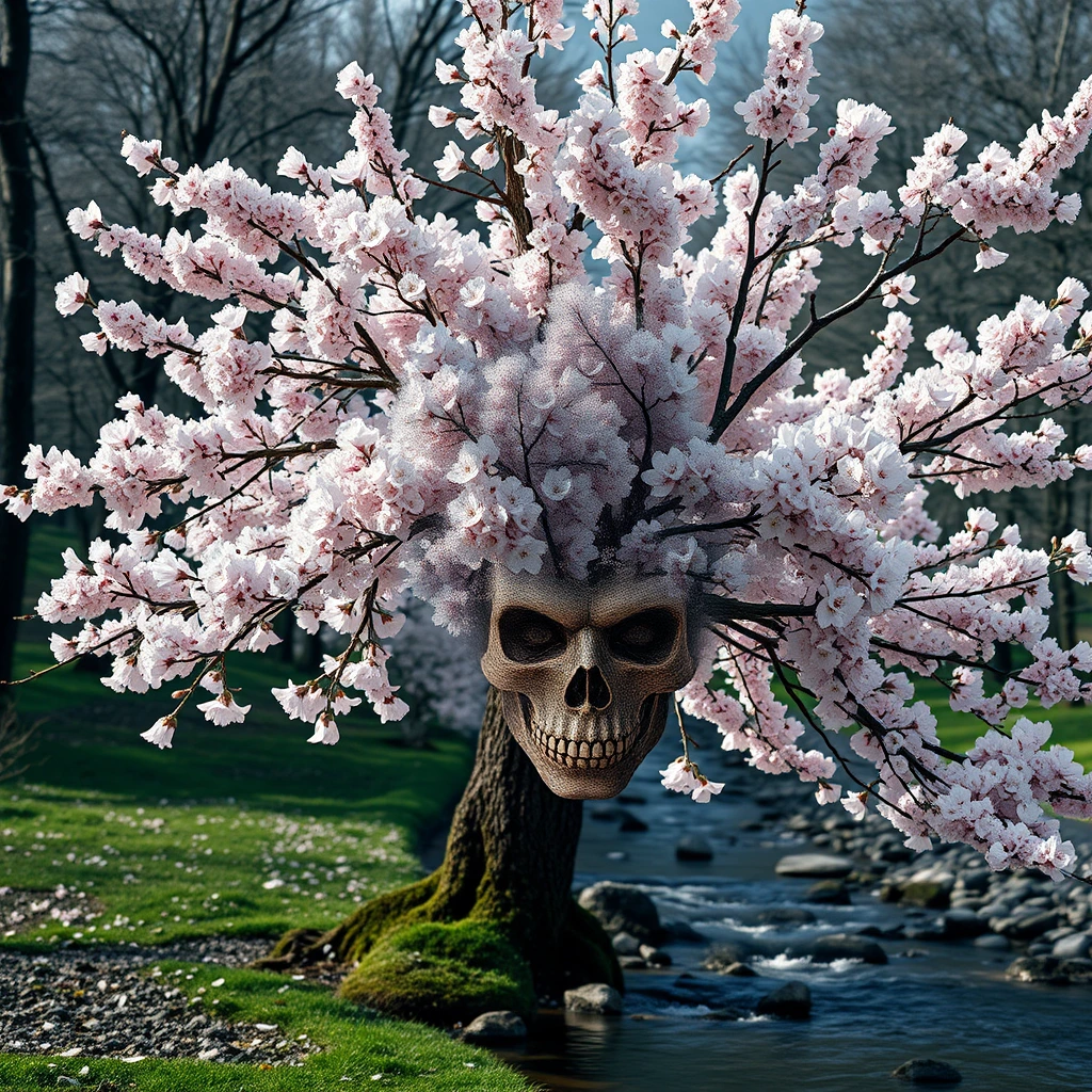 Generate a high-resolution, photorealistic image of a beautiful cherry tree in full bloom by a stream. The arrangement of windswept blossoms and boughs seems to hint at a demonic skull, as though through double exposure
, rendered in 8k resolution. In the style of Andy Goldsworthy and MC Escher