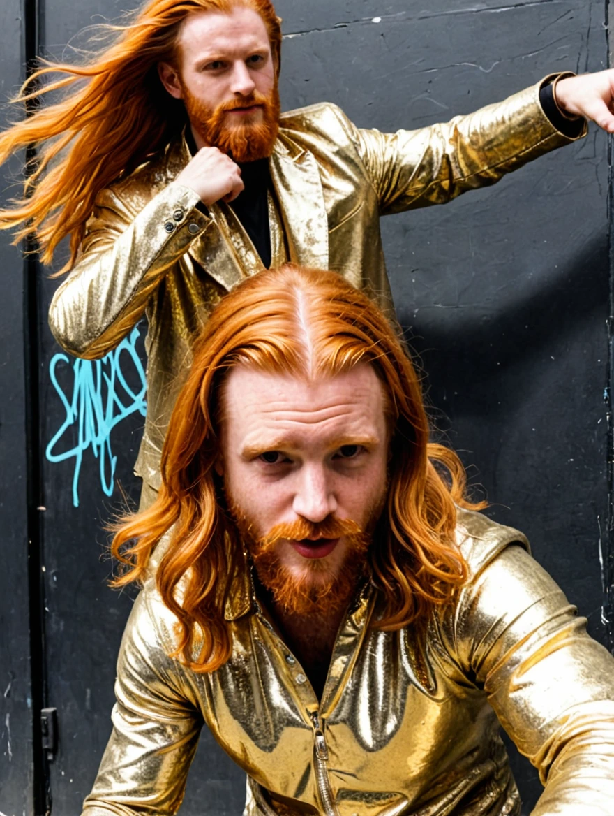 Solid Gold male dancer with long ginger hair and a trimmed beard , inspired by Mr brainwash streetart