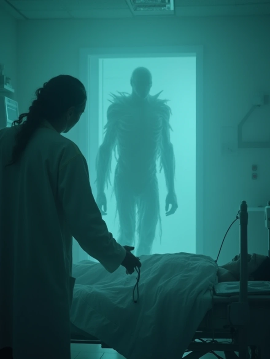 Doctor at tye bedside of a dead patient photobombed by an outline silhouette of monster resembling an out of body figure while taking a selfie