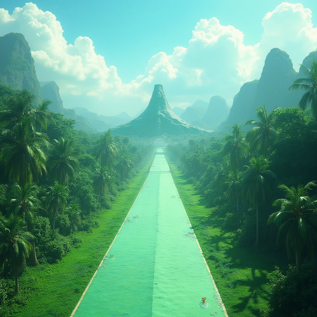 A giant dinosaur constructed road stretching into the distance, vibrant green color and glossy texture, surrounded by lush tropical vegetation, under a clear blue sky with fluffy white clouds, high angle view, fantasy concept, high resolution.