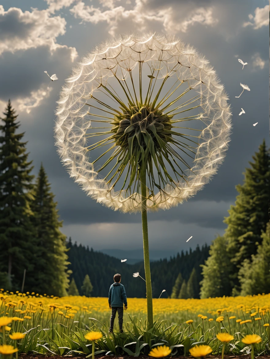 tiny man standing under a giant dandelion