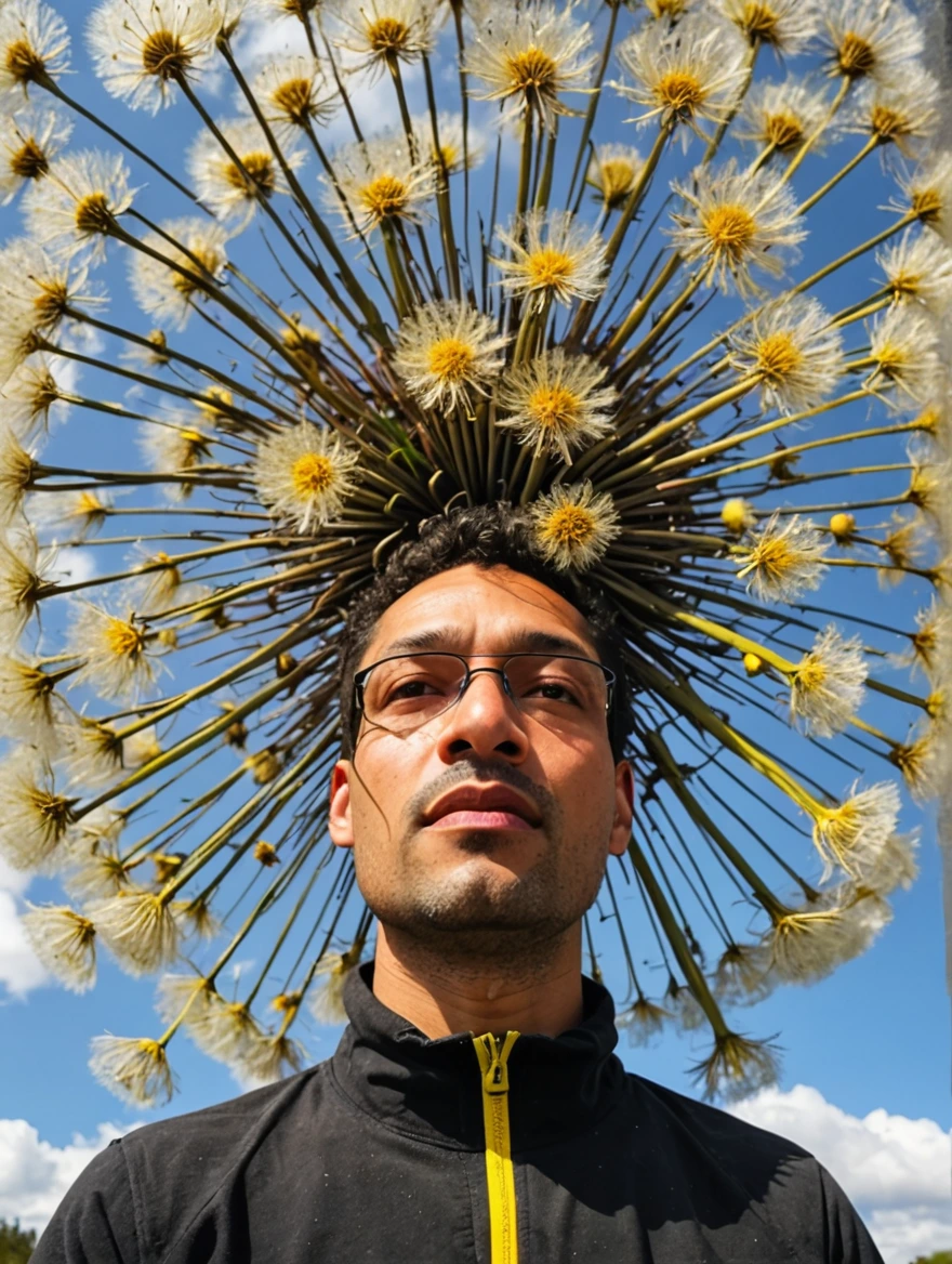 tiny man standing under a giant dandelion