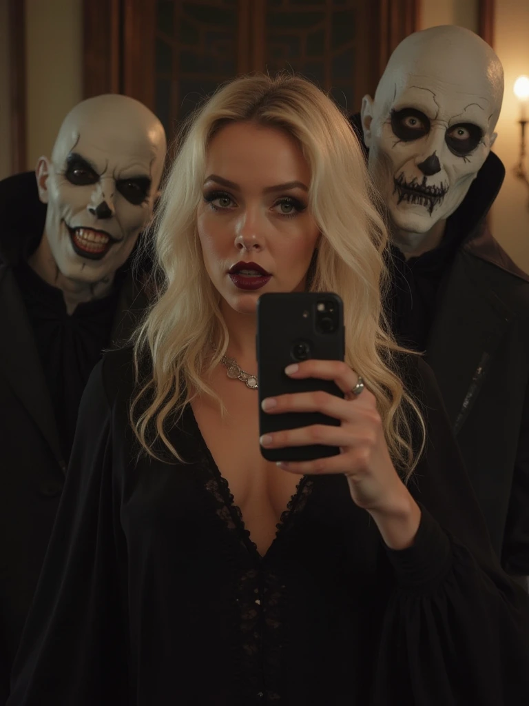 Blonde Goth  woman photobombed by a vampire while taking a selfie