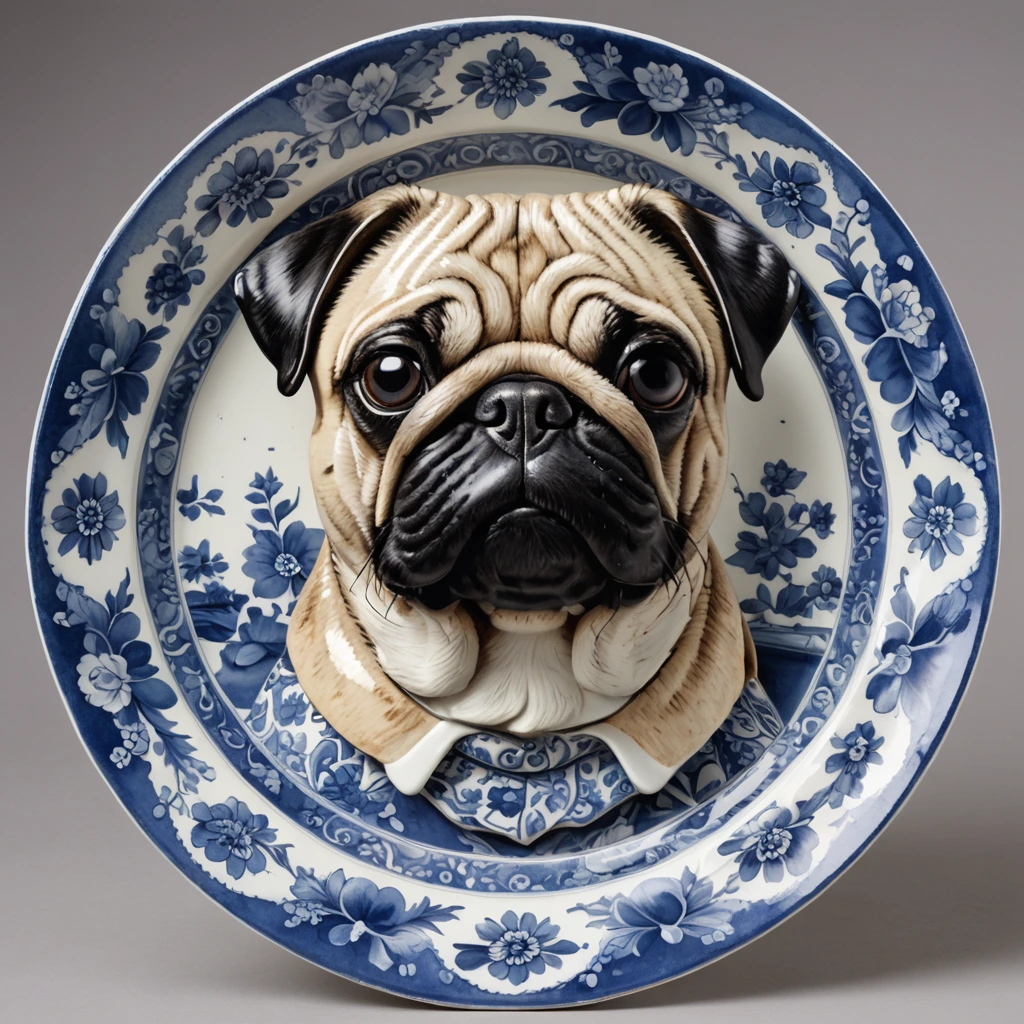 Create a pug face, pieced together from broken delftware and chinaware.