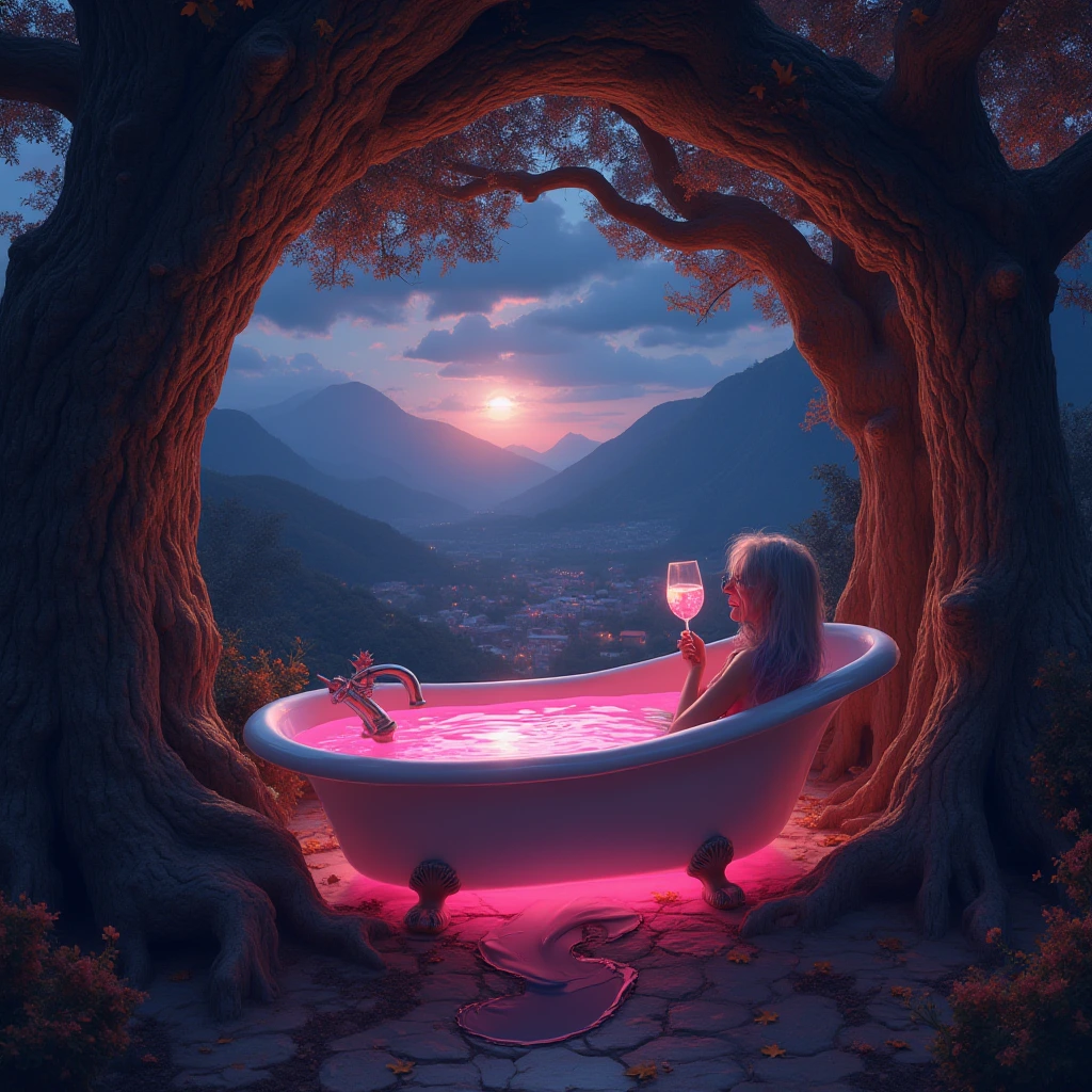 A hole in a massive oak tree trunk showcases a serene valley below with cozy village, bathed in warm sunset glow. Autumn leaves add color, creating a tranquil atmosphere. 

Vaporwave style: A grey haired old mermaid in a bathtub enjoys a glass of wine, set against the night sky background. Pink water fills the large bath, exuding relaxation and dreamy vibes. The scene is filled with magic, fantasy, and a dreamlike atmosphere, perfect for a serene escape into the universe. Her tail comes out of the other end of the bathtub