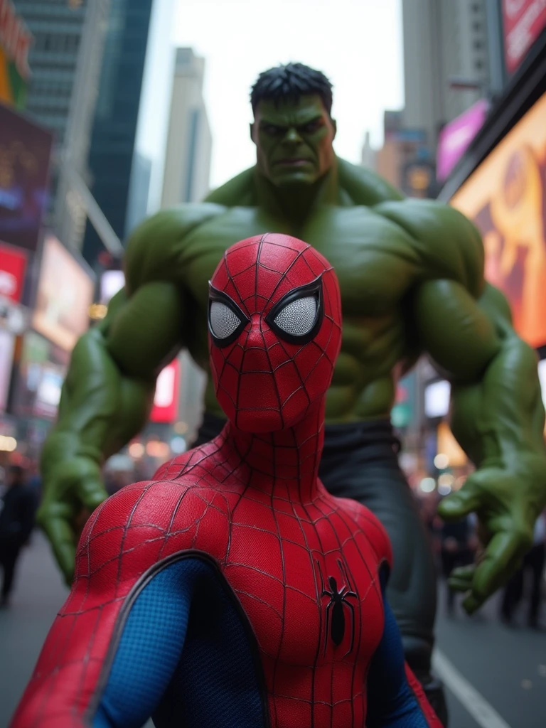 Spider-Man, in his classic red and blue suit, strikes a pose for a selfie in Times Square. Unbeknownst to him, the Hulk towers behind him, effortlessly photobombing the shot with his green, muscular presence. The bustling city background contrasts with the superhero duo in the foreground, creating a dynamic and vibrant scene.