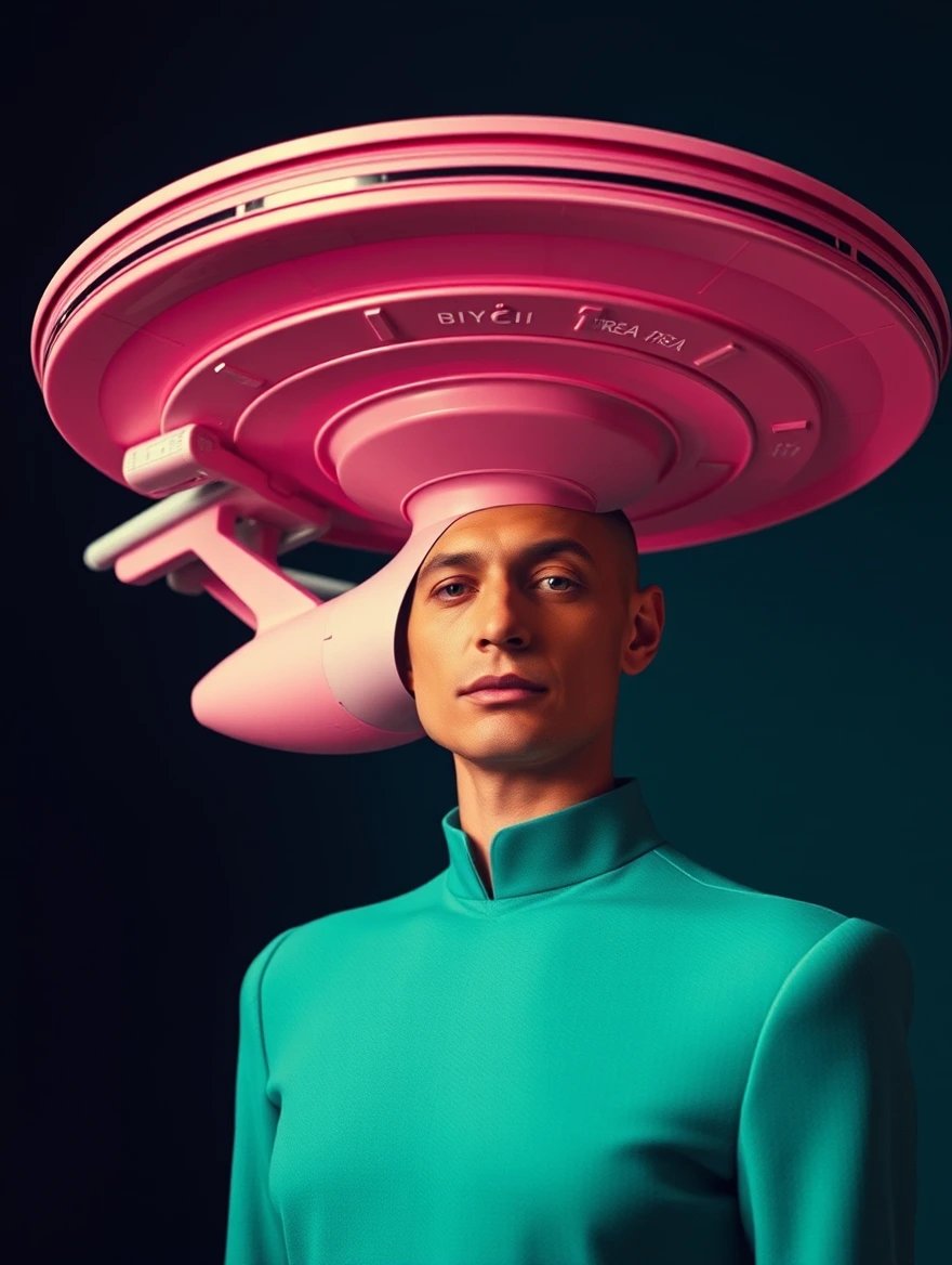 portrait shot of the starship USS Enterprise , Surreal Fashion lomochrome by Maurizio Cattelan, Asger Carlsen, minimalist collages, colorful realism, art nouveau inspiration, puffy shapes, otherworldly visions, precarious balance, baseline, doppler shift