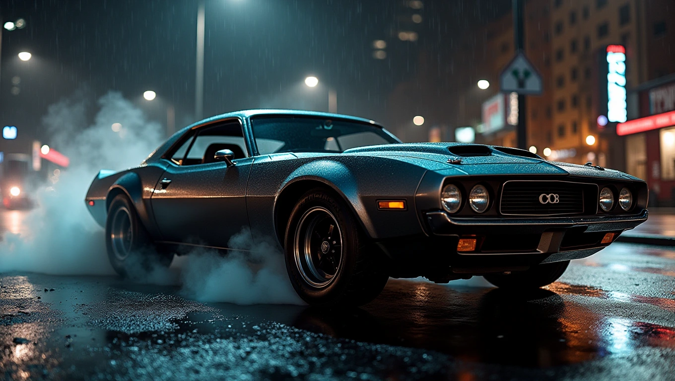 A sleek custom musclepunk muscle car on a wet city street at night. Sculptural molded fiberglass body bulging with the appearance of human bodybuilder muscles, in the style of Alex Grey and Robert Crumb. Squealing tires and a cloud of black smoke on the asphalt.