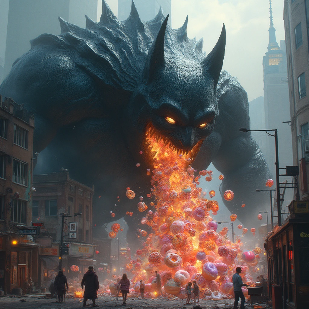 A towering, larger-than-life batman with reptilian cat-like eyes gleaming with power and mischief, unleashes a vibrant stream of assorted donut chunks vomit from its jaws. The chaotic scene unfolds in a bustling cityscape below, with buildings crumbling and colorful magic adding an element of destruction in this photorealistic depiction.