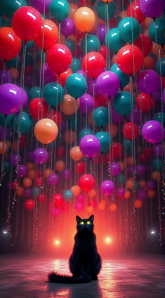 A dramatic, surreal scene in a dark, featureless void filled with hundreds of vividly colored balloons in red, orange, teal, purple, and green hues. The balloons are clustered densely at the center, with their strings hanging loosely downwards, creating a sense of gravity and direction amidst the floating chaos. A single, elegantly poised black cat with glowing yellow eyes sits serenely among the balloons on the ground, gazing upward, as if contemplating the scene above. The cat’s fur reflects the subtle light from the balloons, adding a touch of warmth and intrigue to the otherwise stark environment. The overall lighting is moody, with the balloons softly illuminated from within, casting a faint, ambient glow that highlights their glossy textures against the deep, inky backdrop. The composition uses depth of field to blur the background balloons slightly, drawing the viewer’s focus towards the cat and the central cluster of brightly lit balloons, creating a mesmerizing, dreamlike atmosphere