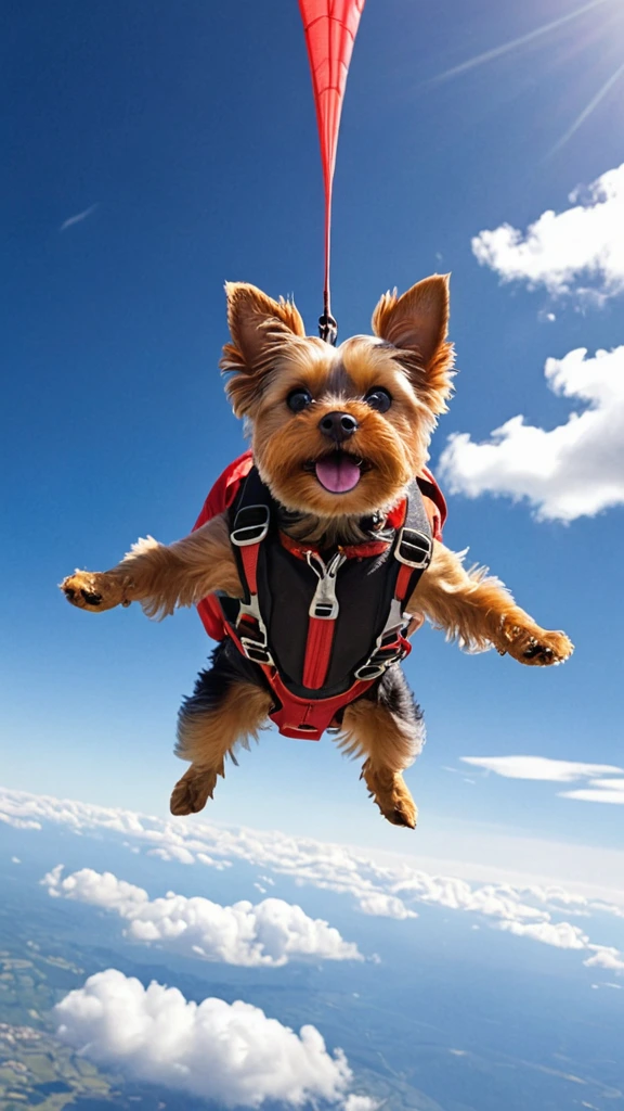 A fearless yorkshire terrier  gracefully skydiving from a plane high above, wearing a vibrant red parachute with a confident expression on its face, capturing the perfect moment of adventure and courage in mid-air. The clear blue sky and fluffy white clouds create a stunning backdrop, while the sunlight illuminates the tiny details of the yorkshire terrier sleek coat, emphasizing the exhilaration and thrill of this daring feat. An action-packed, adrenaline-filled snapshot in high definition.