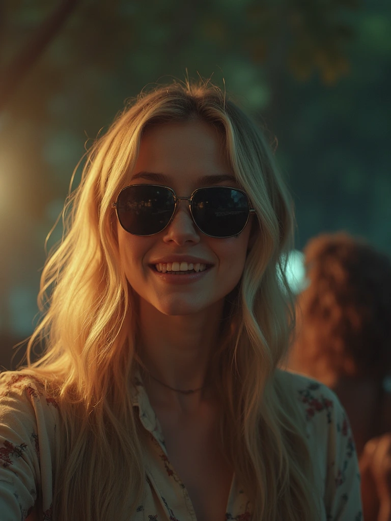 Blonde woman photobombed by a xebomorph smiling from stranger things with subglasseswhile taking a selfie cinematic, epic realism,8K, highly detailed