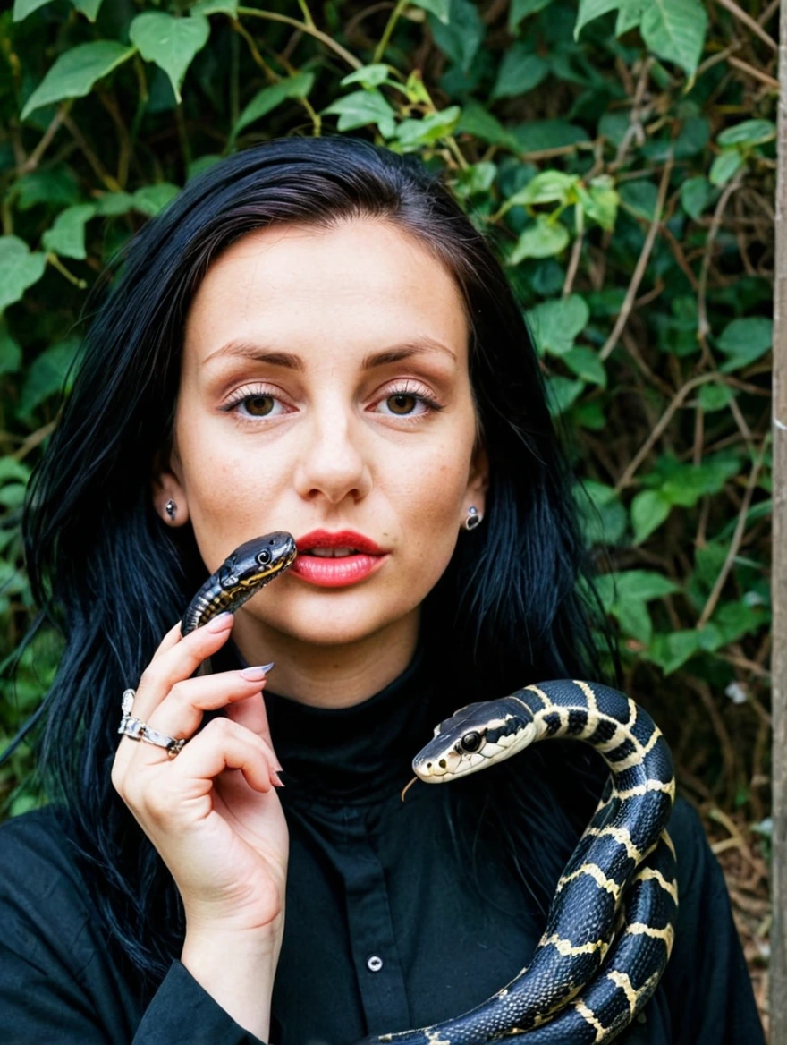 A female goth with piercings and a pet snake