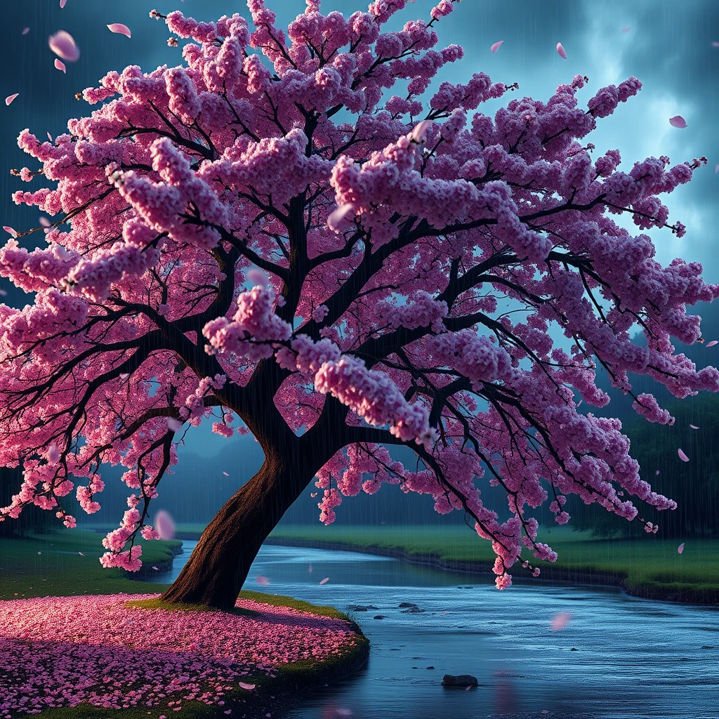 Generate a high-resolution, photorealistic image of a beautiful cherry tree in full bloom by a stream in a rainstorm, petals floating and covering the surrounding ground. The windswept canopy against the stormy sky shapes an illusion of a haunting visage, a demonic skull described by shifting light on the blossoms as the branches are blown by strong swirling winds.
, hyper-detailed, night, rendered in 8k resolution.