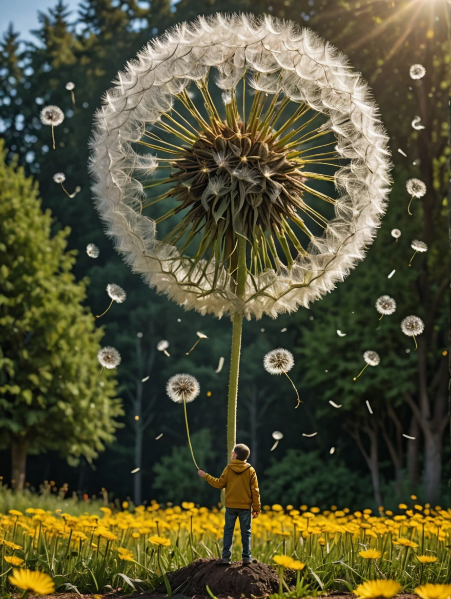 tiny man standing under a giant dandelion