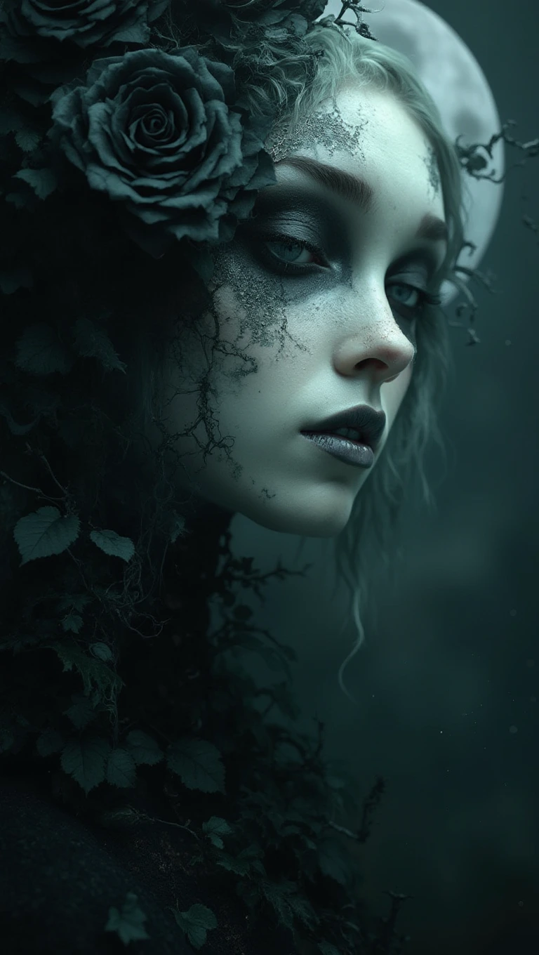 Stunning beauty, moon, stars, black roses, night, Brian Froud, Portrait, Extreme closeup, Unusual, odd, Photorealistic, photograph, Tim Burton, Fairy, Rembrant, surreal, intricate details, vibrant, rich colors, dynamic lighting, dreamy, soft, misty, fog, mystical, Anton Semenov, twisted, darkness, large moon,