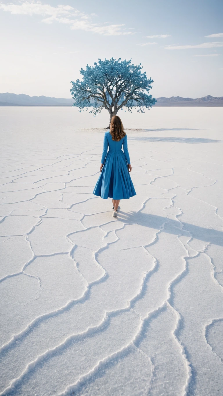 A whimsical and surreal photograph of a woman in a blue dress walks in a white salt desert, surrounded by blue tree inspired by Scarlett Hooft Graafland,