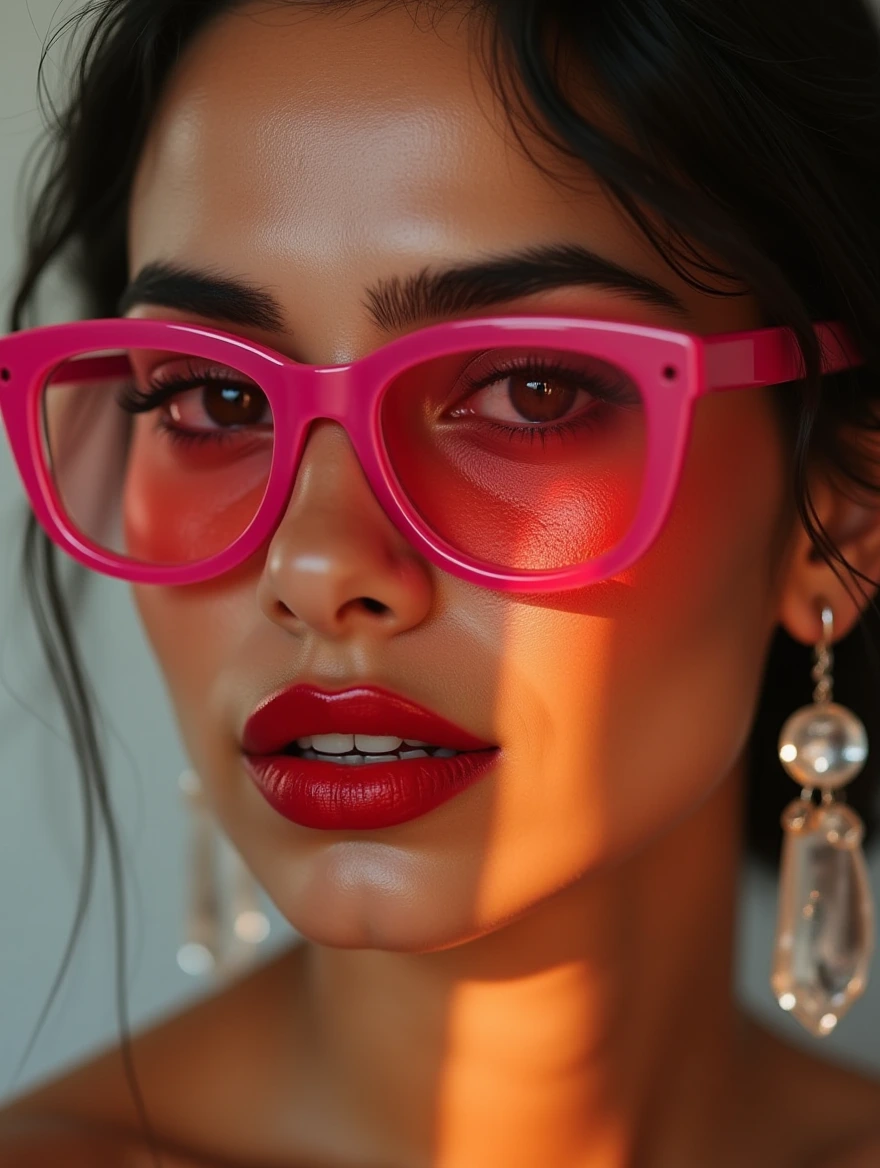 A breathtakingly detailed portrait capturing the beauty of a Middle Eastern woman with vibrant red lips, glowing skin with an iridescent glow, and captivating dark eyes that reflect the light. She wears chic clear earrings with bold pink frames, adding a touch of modern elegance. The composition is minimalistic, emphasizing her stunning features and overall aesthetic beauty.