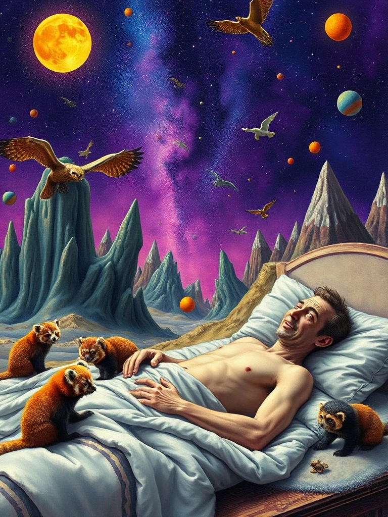 An otherworldly landscape inspired by Salvador Dali's surreal style, where a whimsical muscle shirtless man lying in bed is placed under a starry purple sky, surrounded by bizarre and dreamlike scenery with creatures as brown owls and red pandas cub . Hyper detailed.