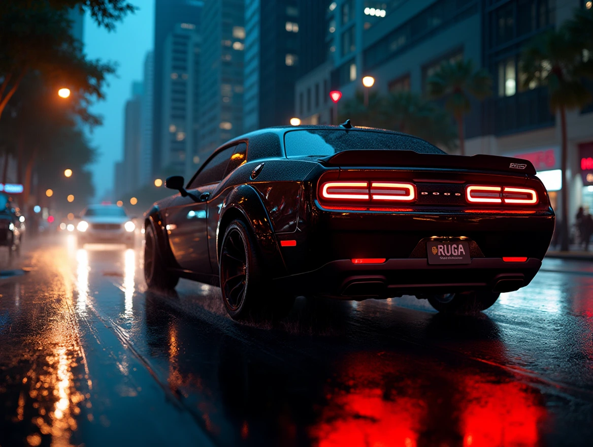 A glossy black Dodge Challenger Hellcat with bright red LED taillights cruising down a rain-soaked urban street at midnight, distorting the vibrant city lights bouncing off skyscrapers and street lamps. Captured from a low angle, showcasing the powerful presence and gleaming curves of the high-performance vehicle in stunning high definition.