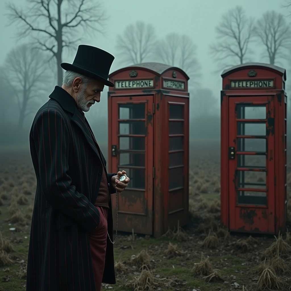 Create an image of a desolate, overgrown field with empty errie trees in the background. The foreground features rusty, old, and weathered red British telephone booths with chipping paint under a dark eerie cloudy sky with a fog seeping up from the damp ground. An old thin man in a vintage British black suit with red pin stripes and a black top hat stands in front of one the phone booths with a curious expression, as he looks down at his pocket watch with the chain attached to his belt loop, he contemplates on making a phone call. Highly-detailed, precise art photography, 50mm lens, establishing, cinematic.