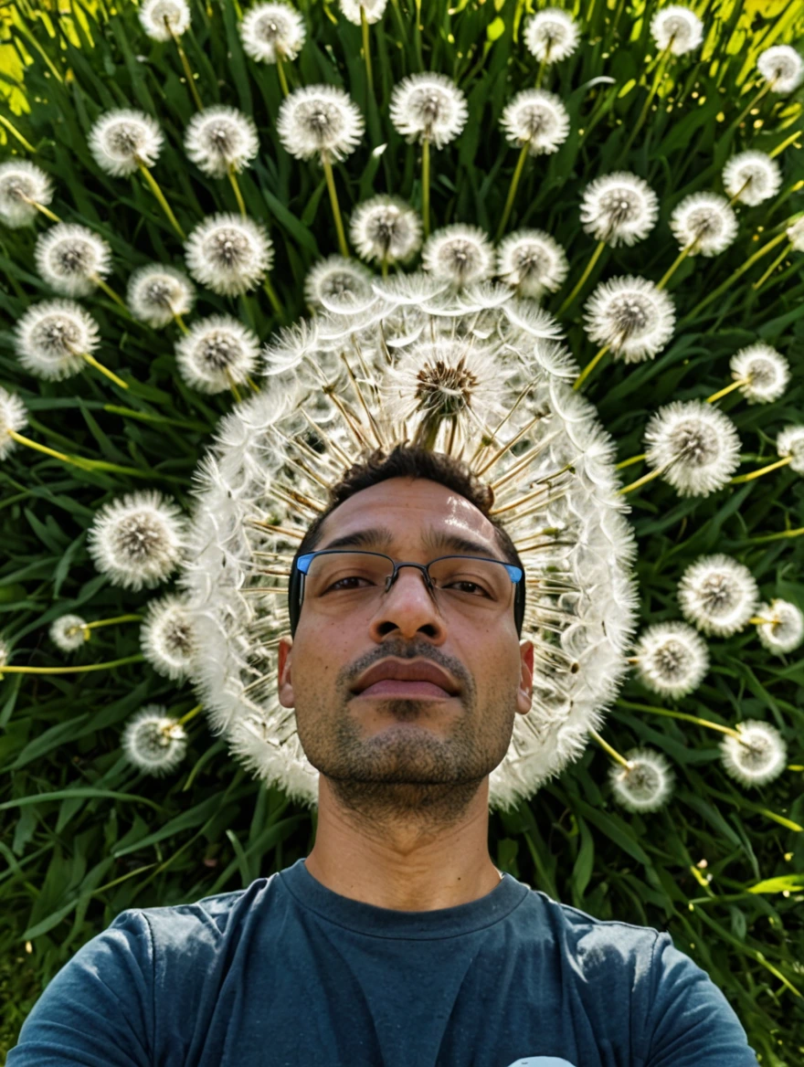 tiny man standing under a giant dandelion