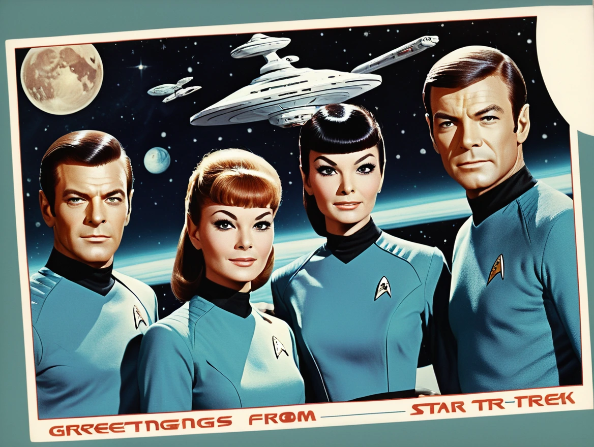 Postcard with text "Greetings from Star Trek", vintage postcard style,